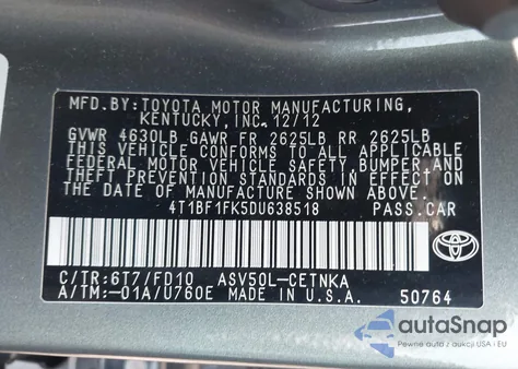 2013 Toyota Camry Le из США, поврежденный, VIN 4T1BF1FK5DU638518